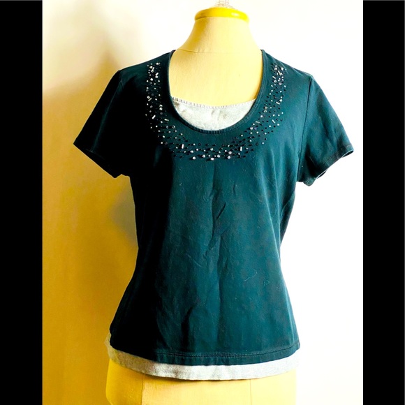 croft barrow women top with beaded v neck size M black Stretch - Picture 1 of 4